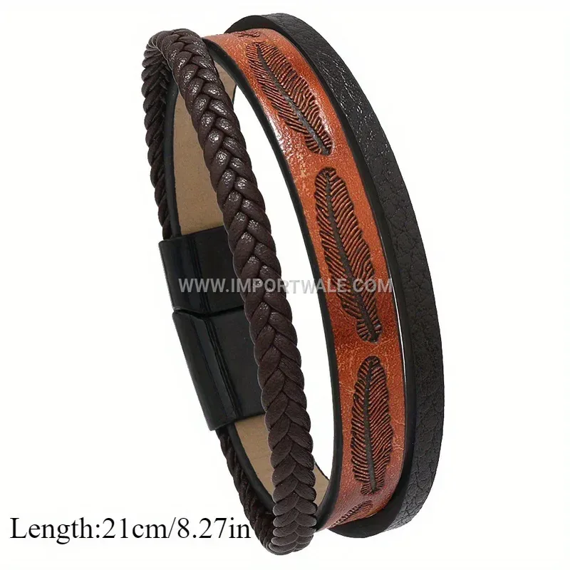 Vintage Feather Textured Multi-Layer Faux Leather Braided Bracelet