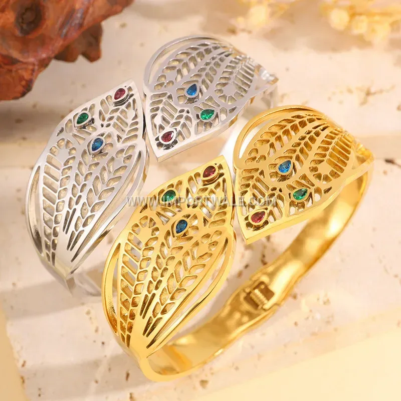 Hollow Leaf Rhinestone Stainless Steel Open Elastic Bangle