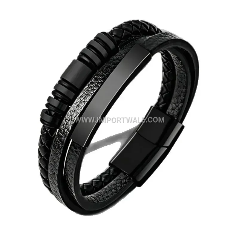 Men Multi Strand Woven Leather Bracelet Smooth Stainless Steel Clasp