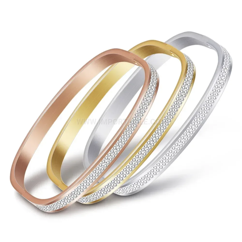 Trendy Double Row Rhinestone Open Cuff Stainless Steel Bangle