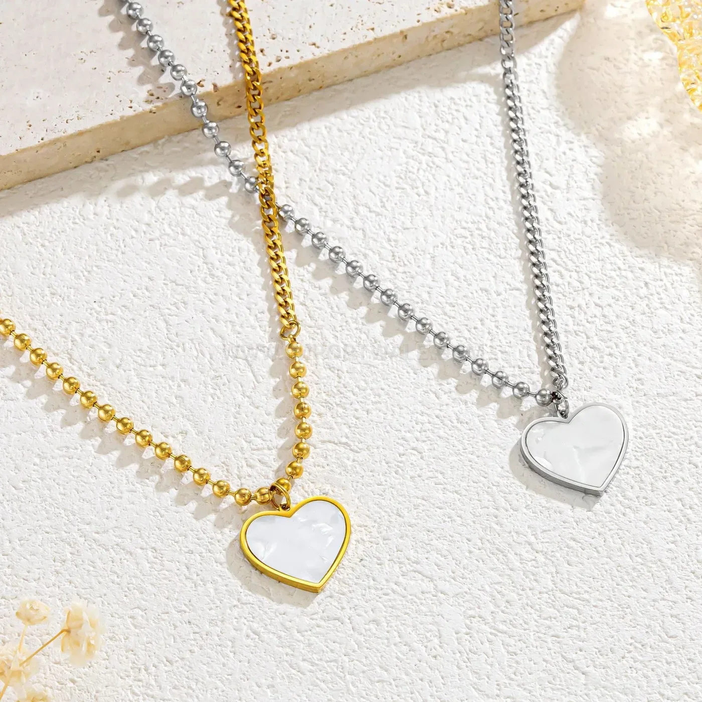 Premium Stainless Steel Heart White Mother of Pearl Pendant Necklace
