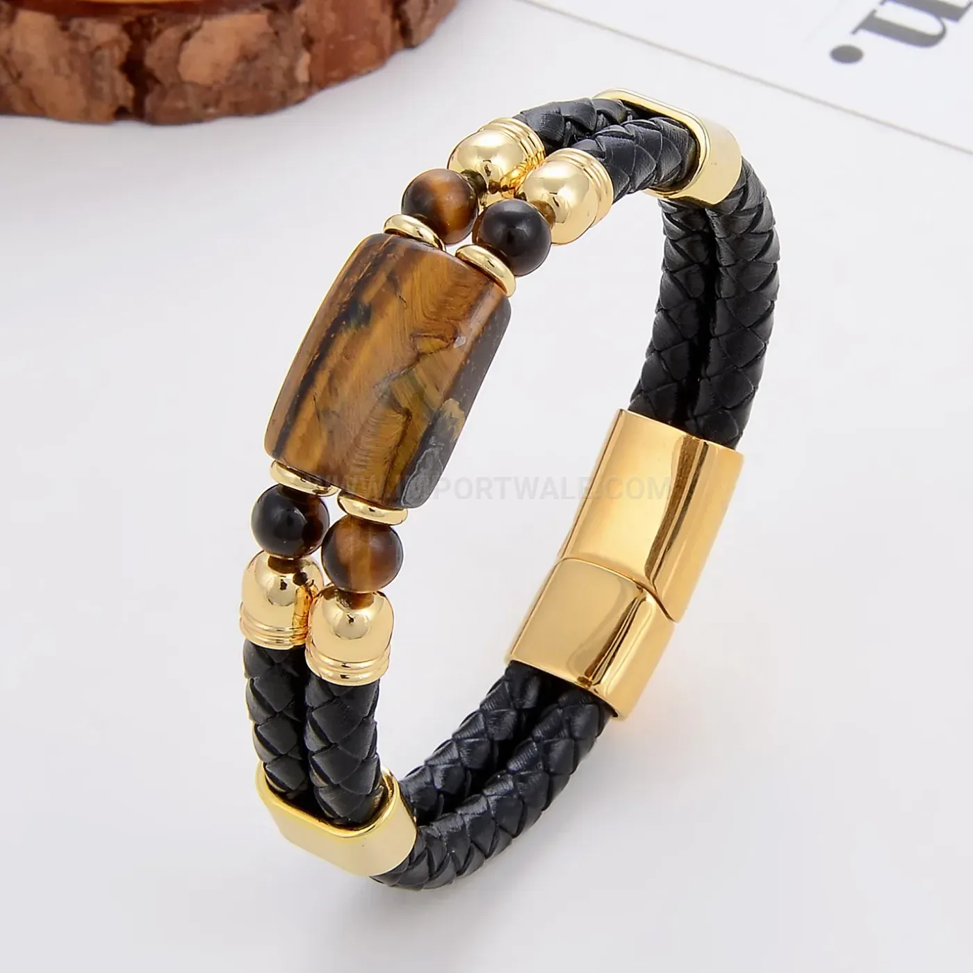 Handcrafted Braided Leather Stone Bracelet with Stainless Steel Clasp