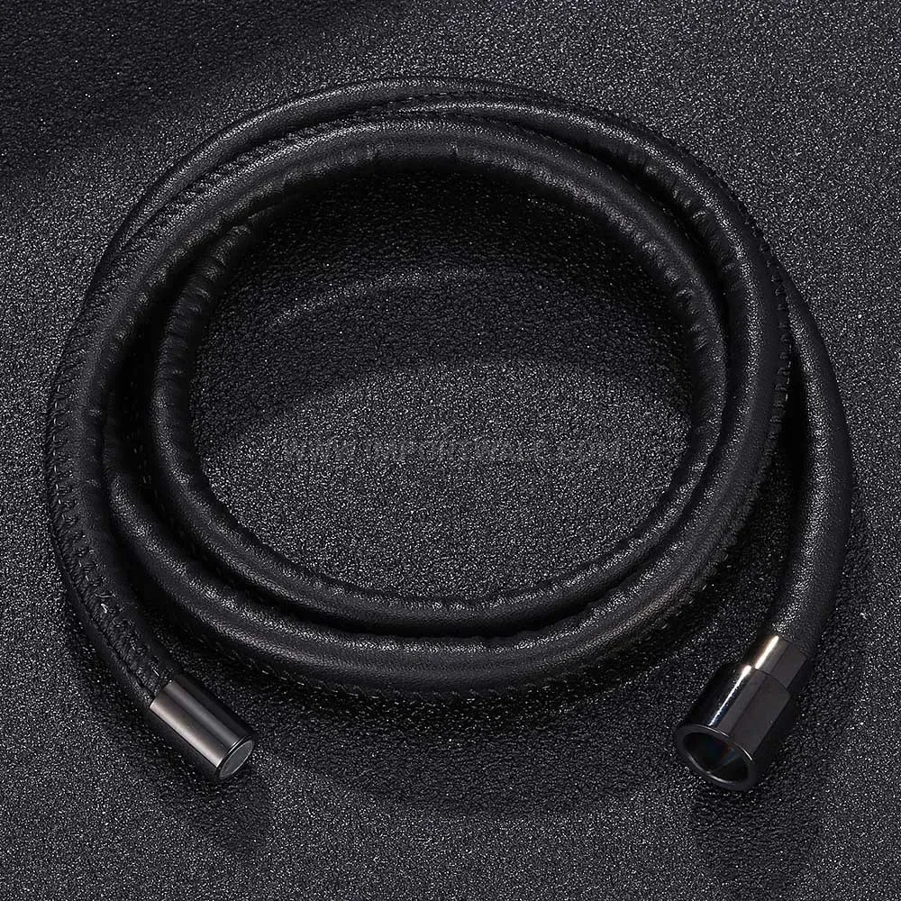 Multi-Layer Black Leather Cord Bracelet with Stainless Steel