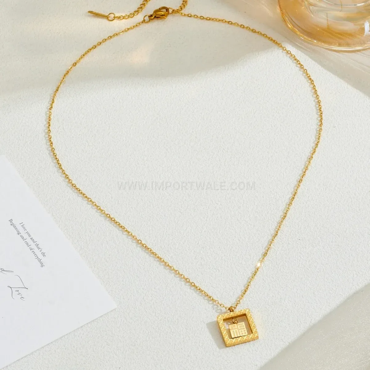 Chic Gold Stainless Steel Openwork Character Square Pendant Necklace