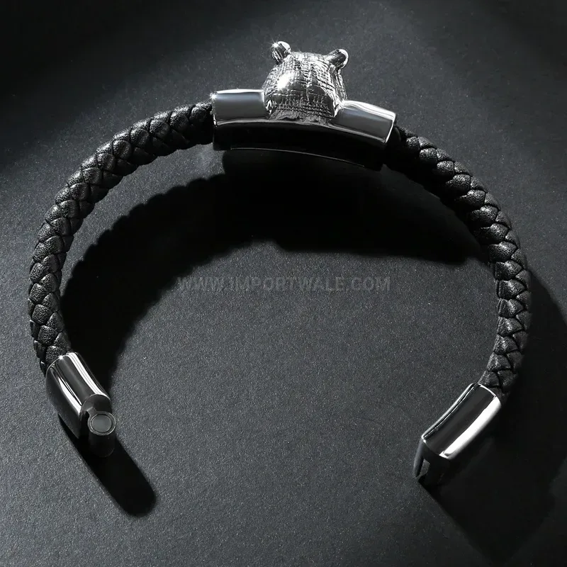 Fashion Horse Head Emblem Leather Stainless Steel Men Bracelet