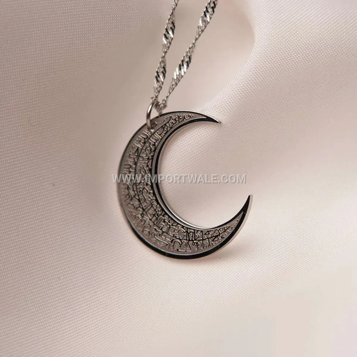 Stainless Steel Crescent Moon Arabic Script Calligraphy Pendant Necklace