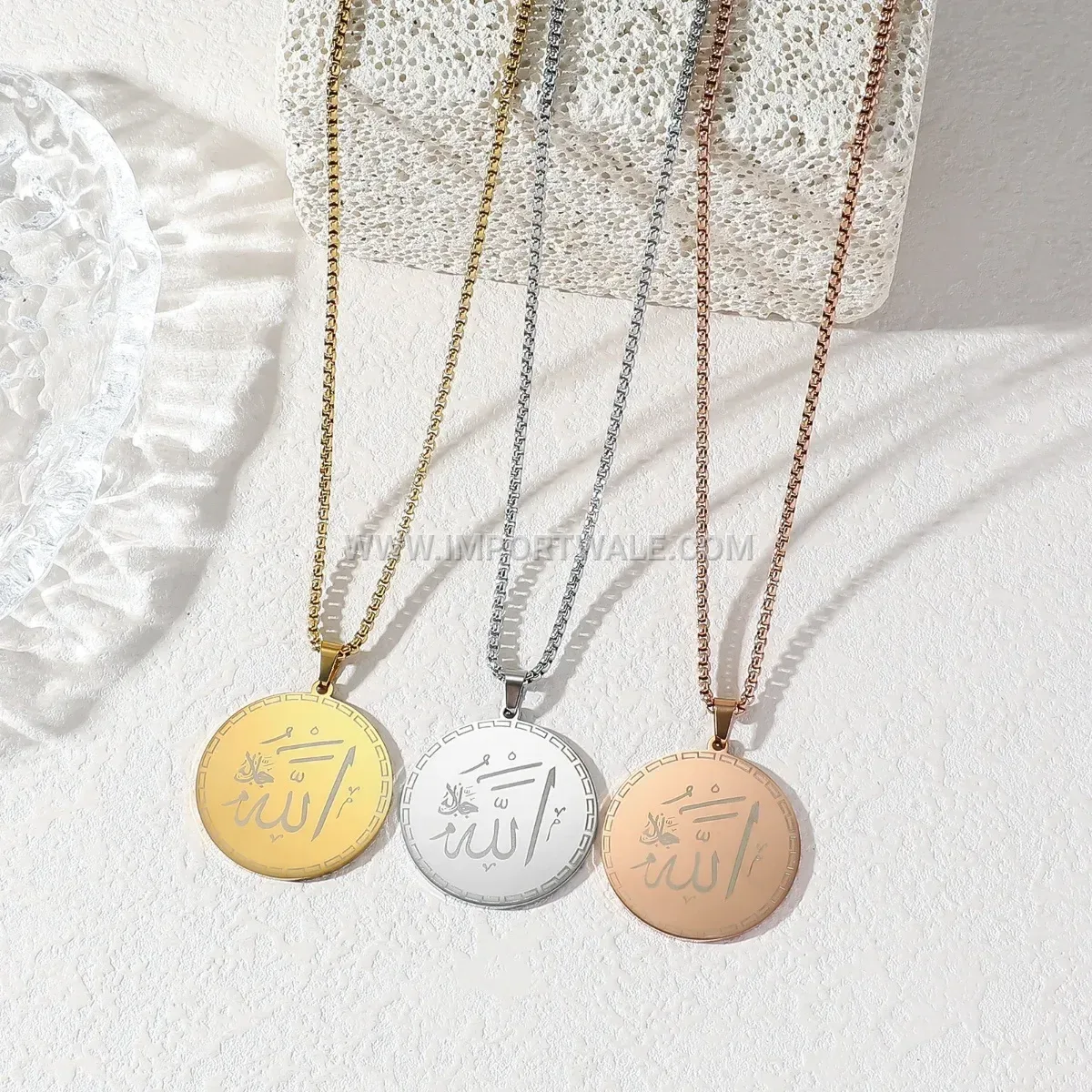 Round Stainless Steel Islamic Calligraphy Medal Chain Necklace
