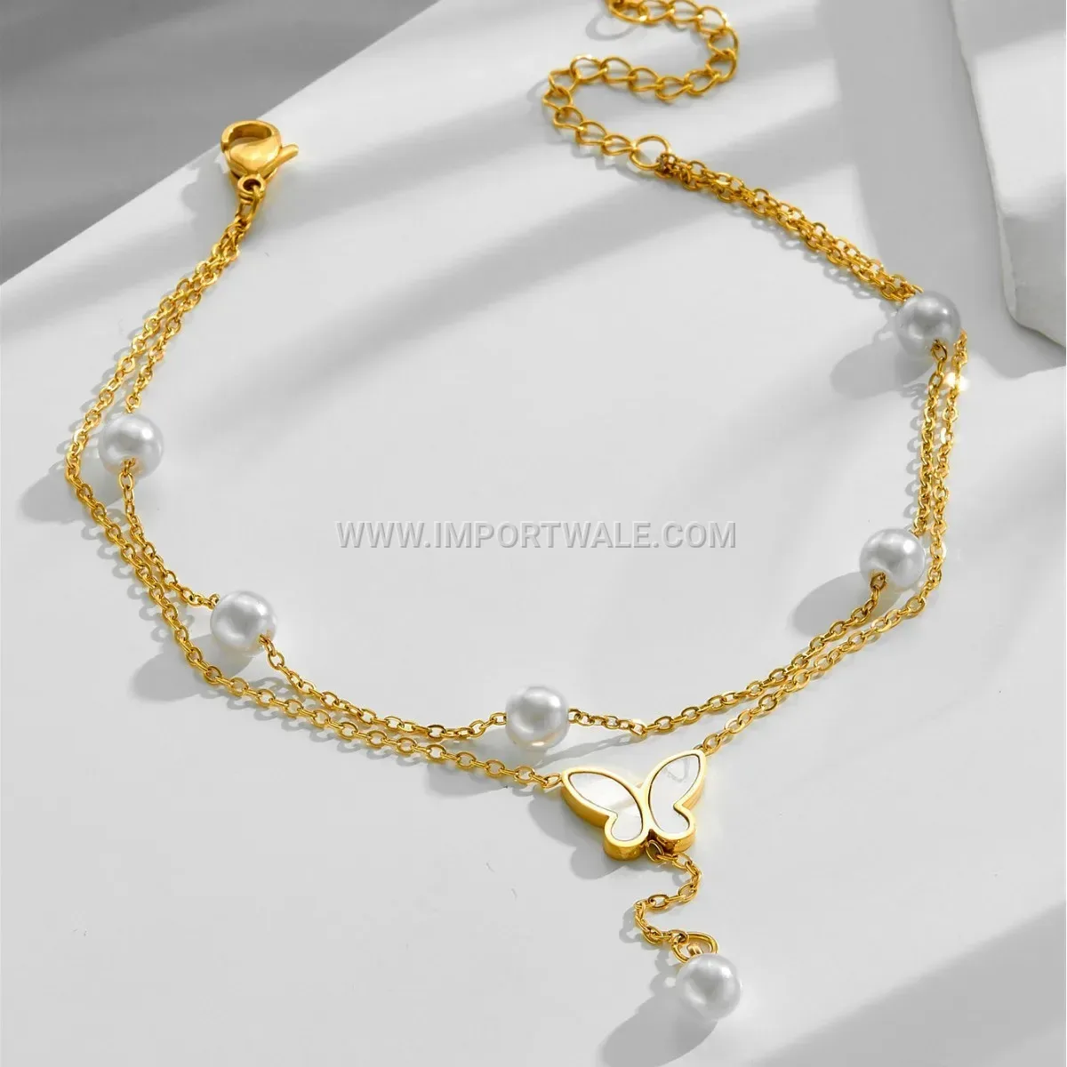Layered Pearl Butterfly Tassel Titanium Steel Anklet