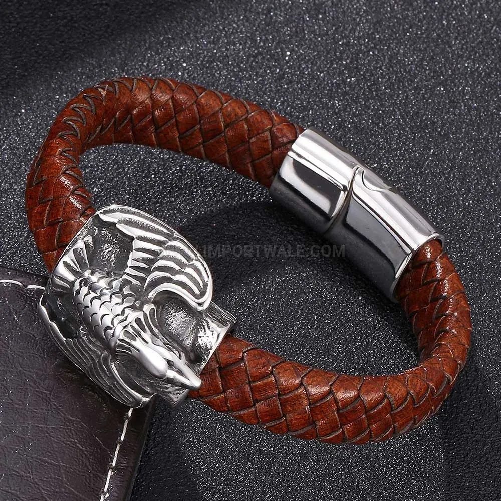 Stylish Braided Brown Leather Wristband with Stainless Steel Magnetic Lock