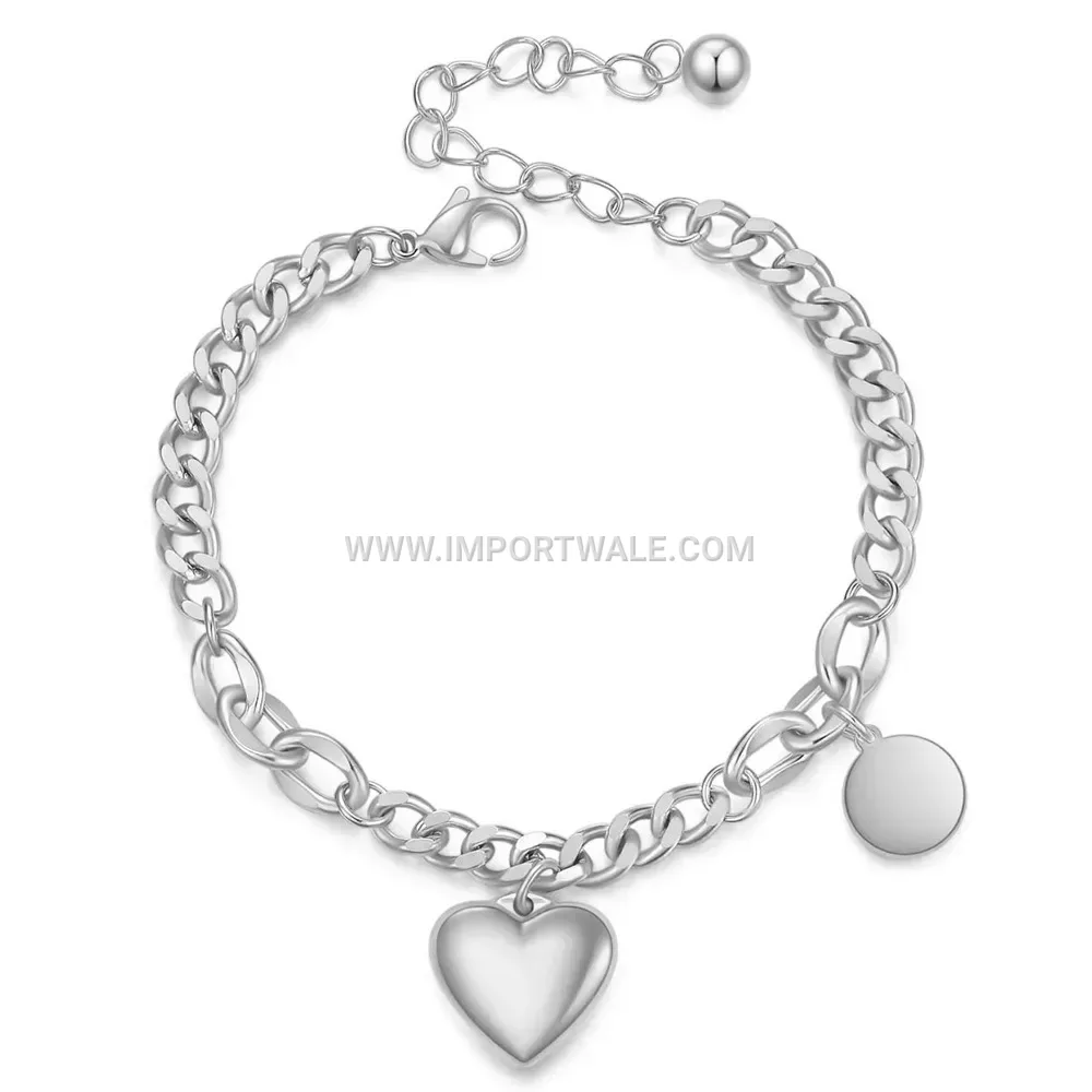 Wide Cuban Chain Stainless Steel Heart Charm Bracelet