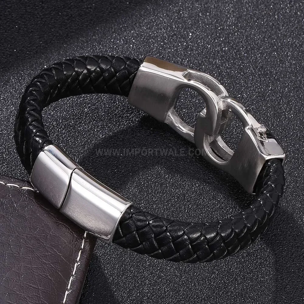 Premium Handcuff Charm Braided Leather and Stainless Steel Bracelet