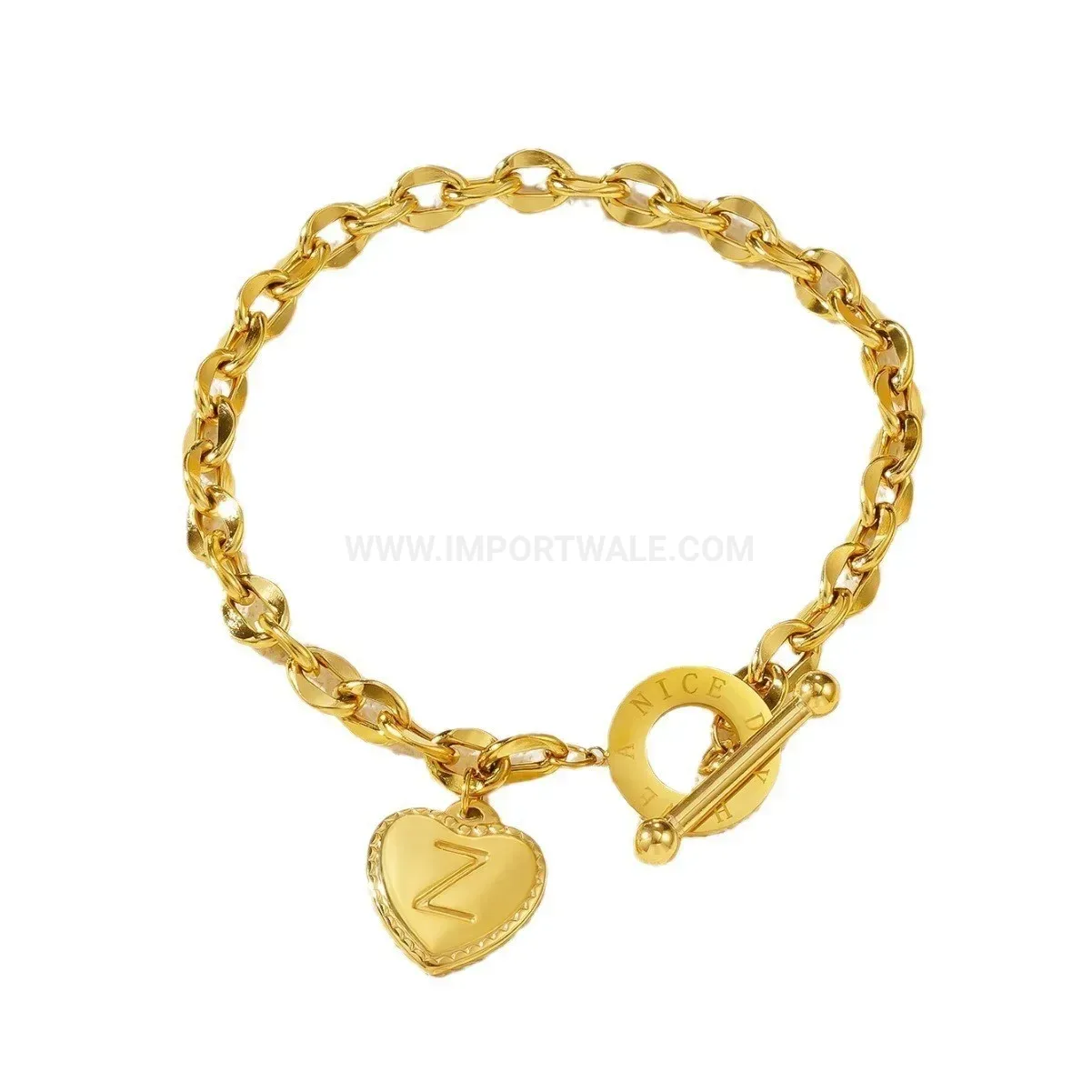 Elegant Heart Initial Charm Titanium Steel Toggle Bracelet