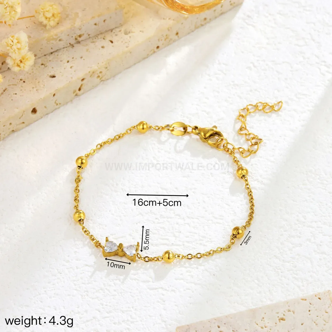 Gold Plated Bow Cubic Zirconia Stainless Steel Bracelet