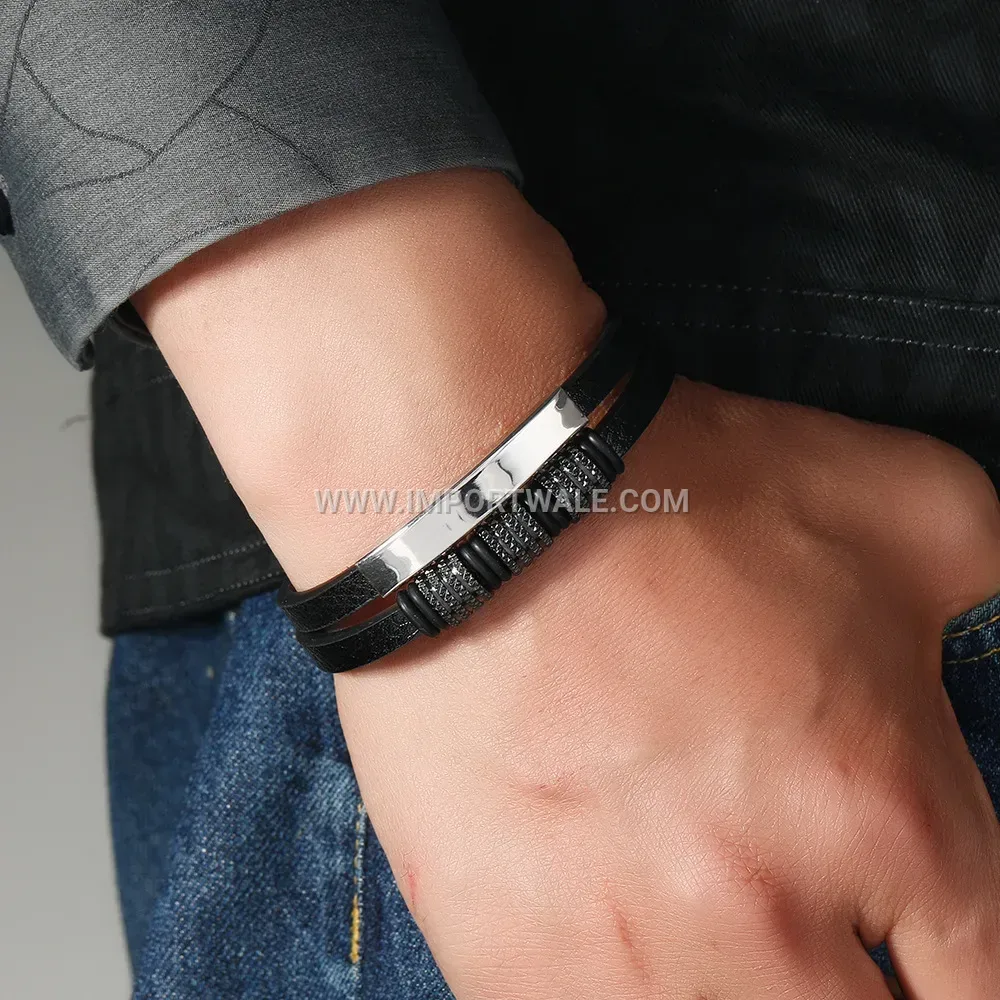 Stainless Steel Bead Braided Black Leather Men's Wristband