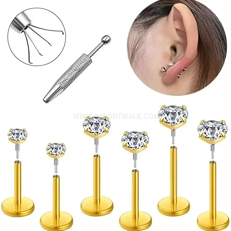 Elegant Internal Thread Cubic Zirconia Flat Back Stainless Steel Stud Set