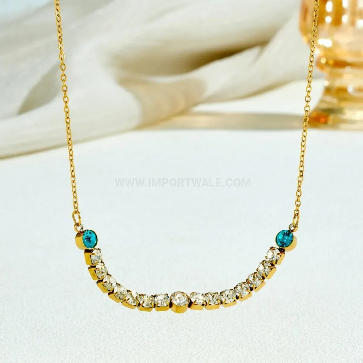 Gold Stainless Steel Rhinestone Bar Link Chain Necklace
