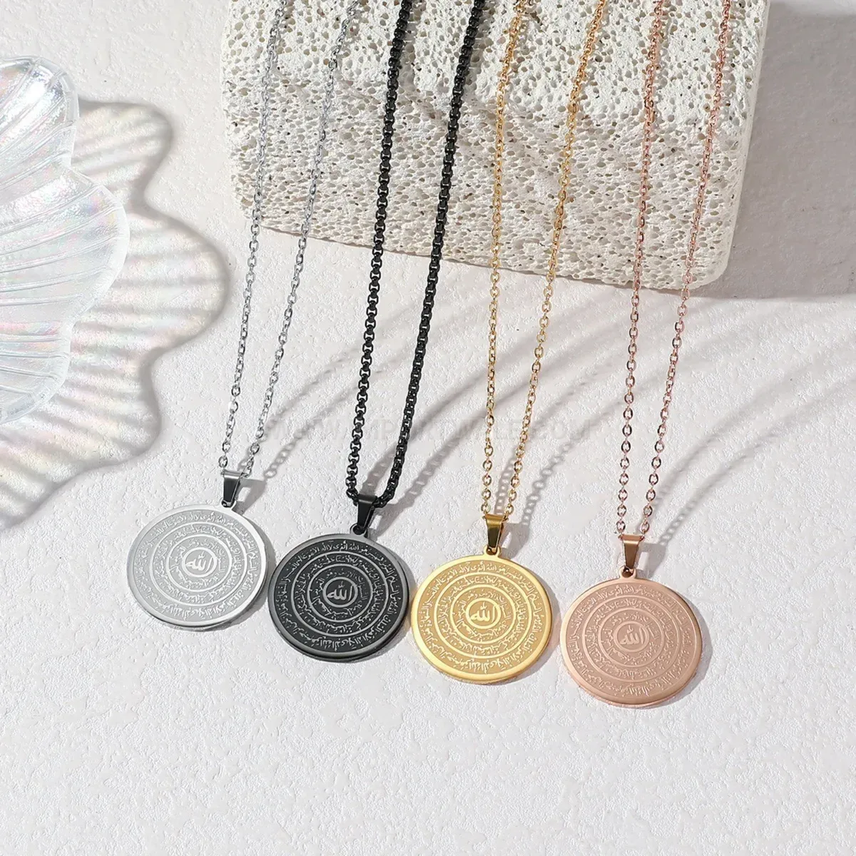 Designer Plated Stainless Steel Islamic Script Medallion Pendant Necklace