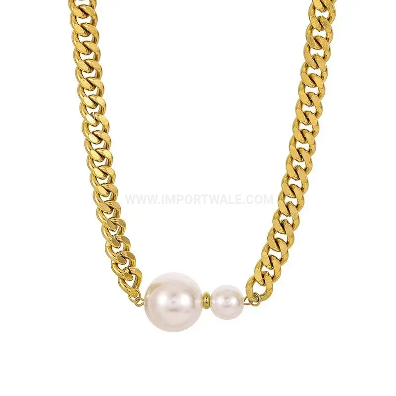 Elegant Baroque Imitation Pearl Pendant Chunky Titanium Steel Chain Necklace