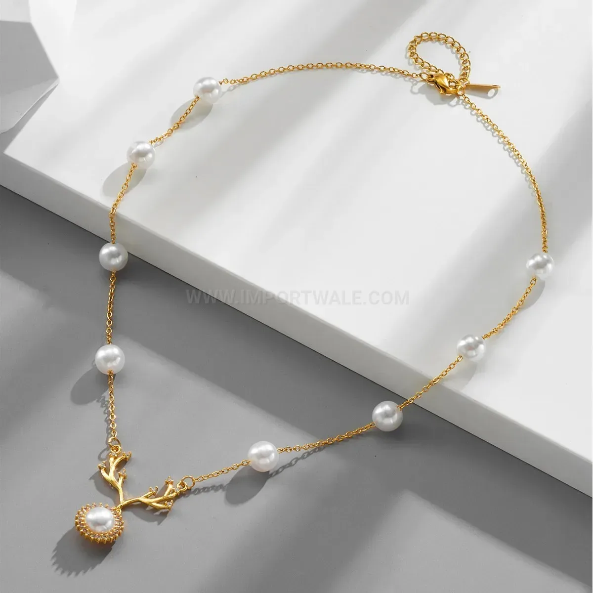 Premium Gold Plated Antler Pendant Necklace with Pearl Accent and Zirconia