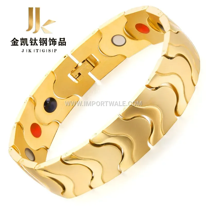 Wide Wave Pattern Gold Plated Titanium Steel Men's Magnetic Bracelet
