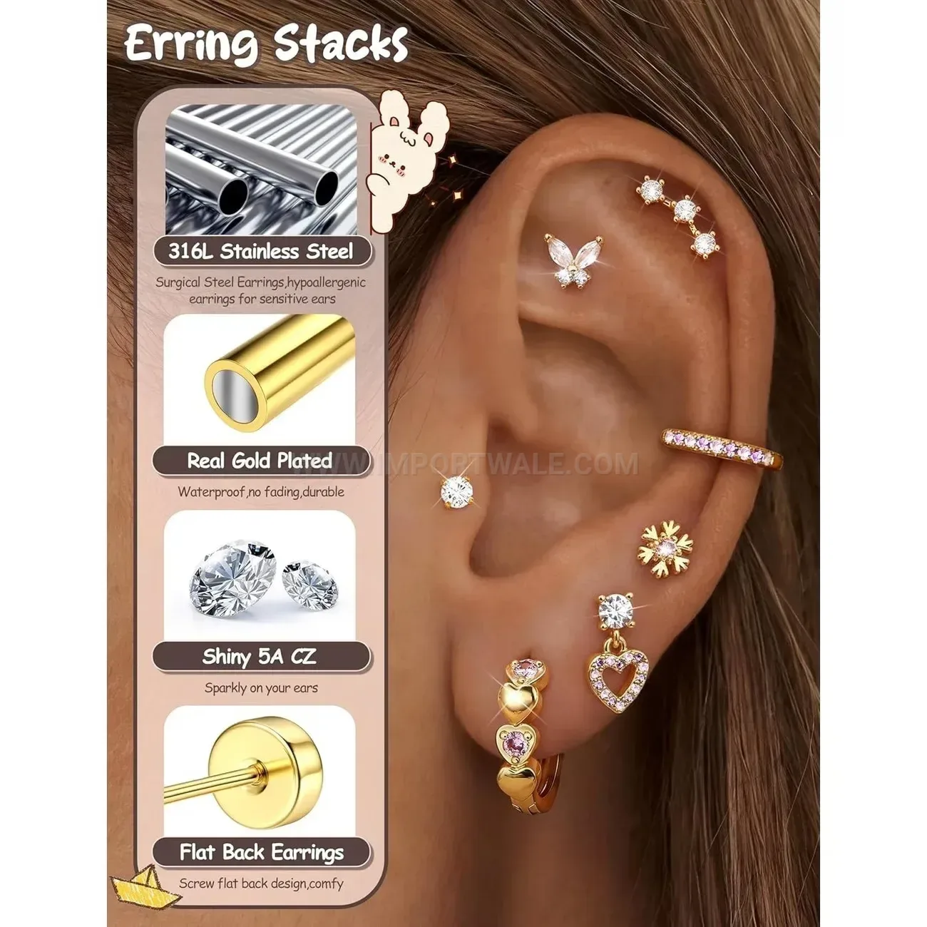 Chic Stainless Steel Flat Back Threaded Piercing Stud Set with Colorful Stones