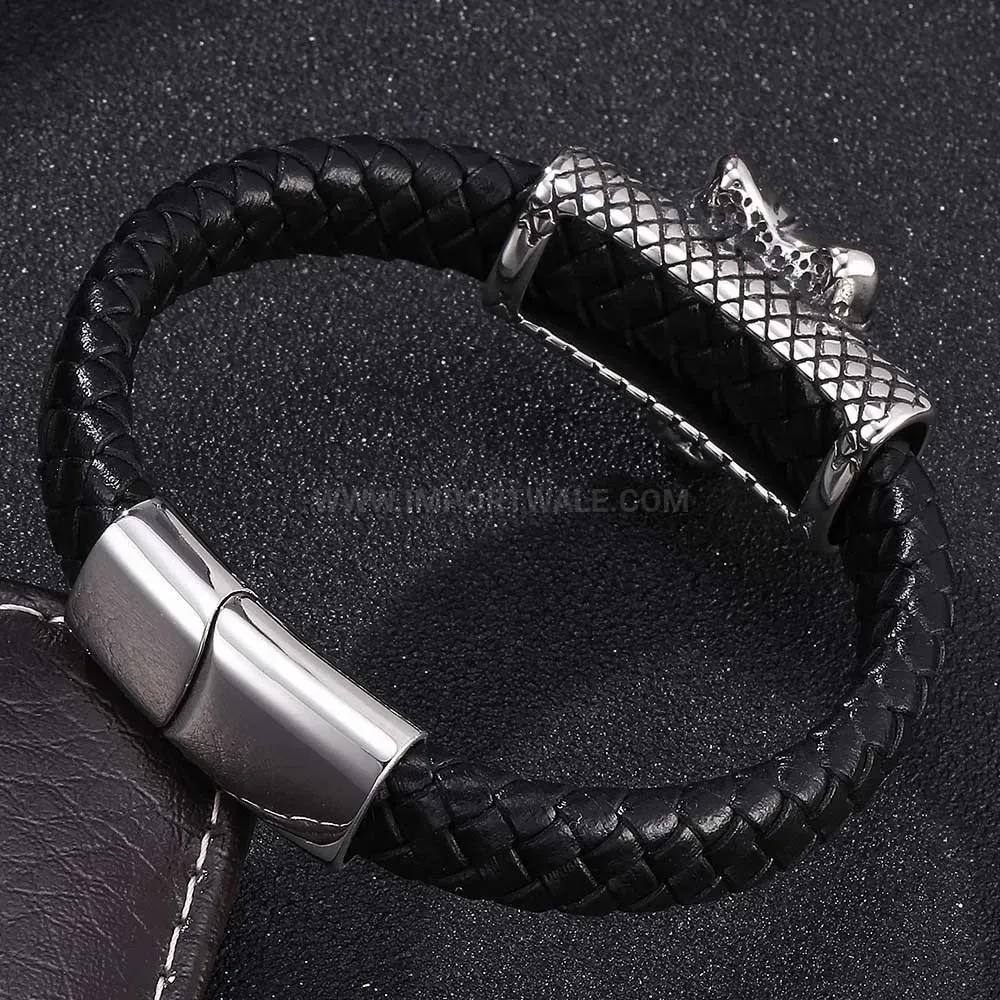 Designer Beast Motif Stainless Steel Magnetic Leather Wristband