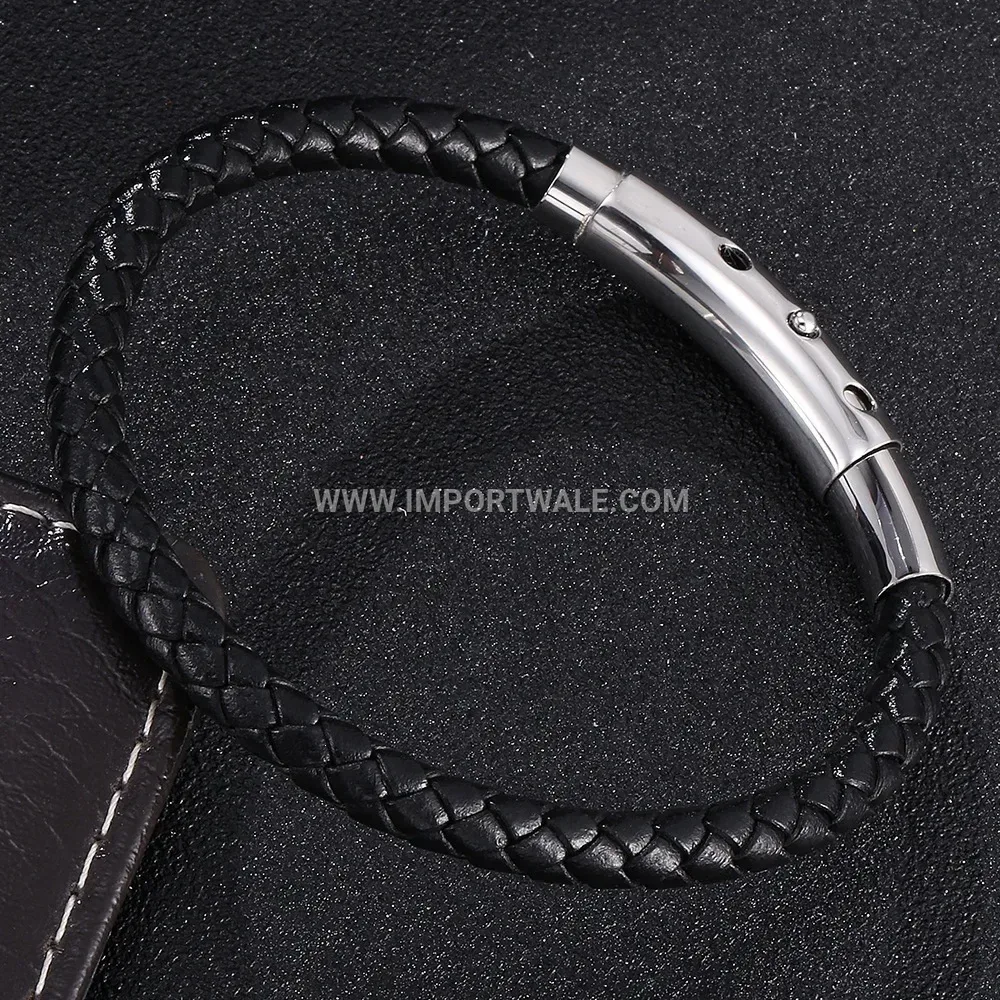 Adjustable Woven Leather Bracelet with Stainless Steel Accent Clasp