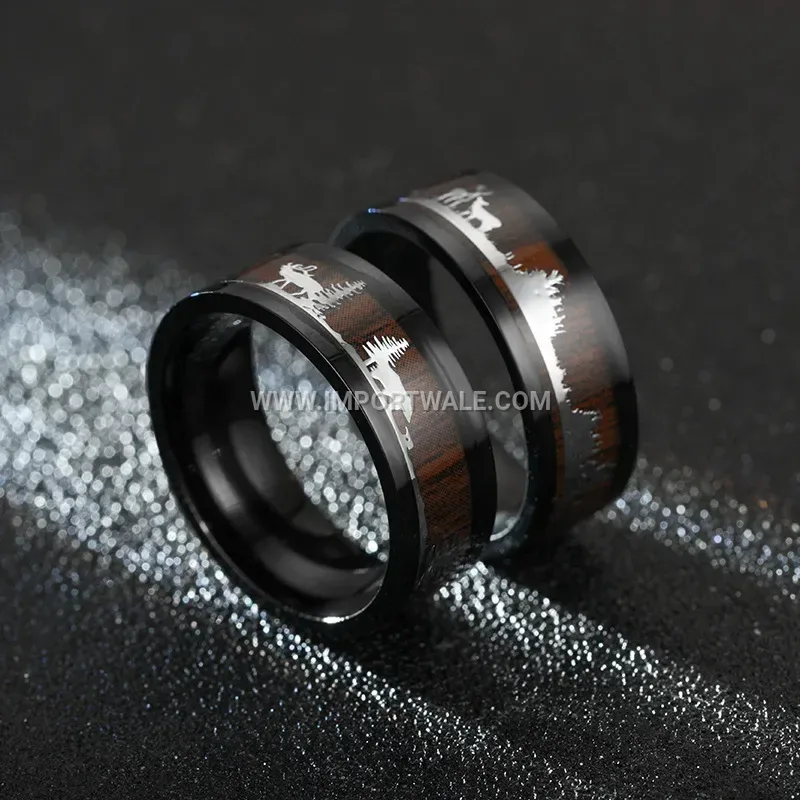 Black Wood Grain Deer Motif Stainless Steel Ring