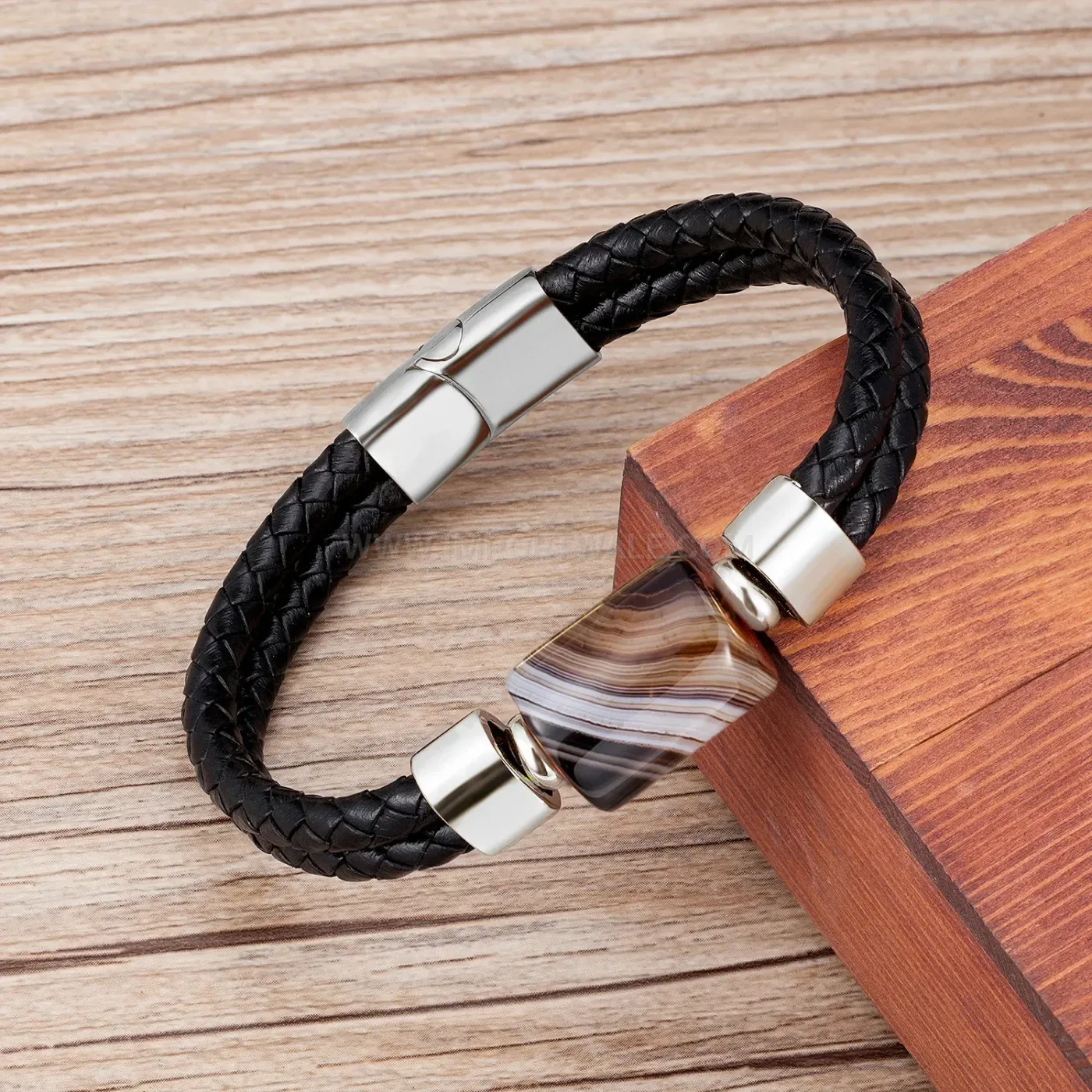 Braided Leather Stone Bracelet with Stainless Steel Clasp