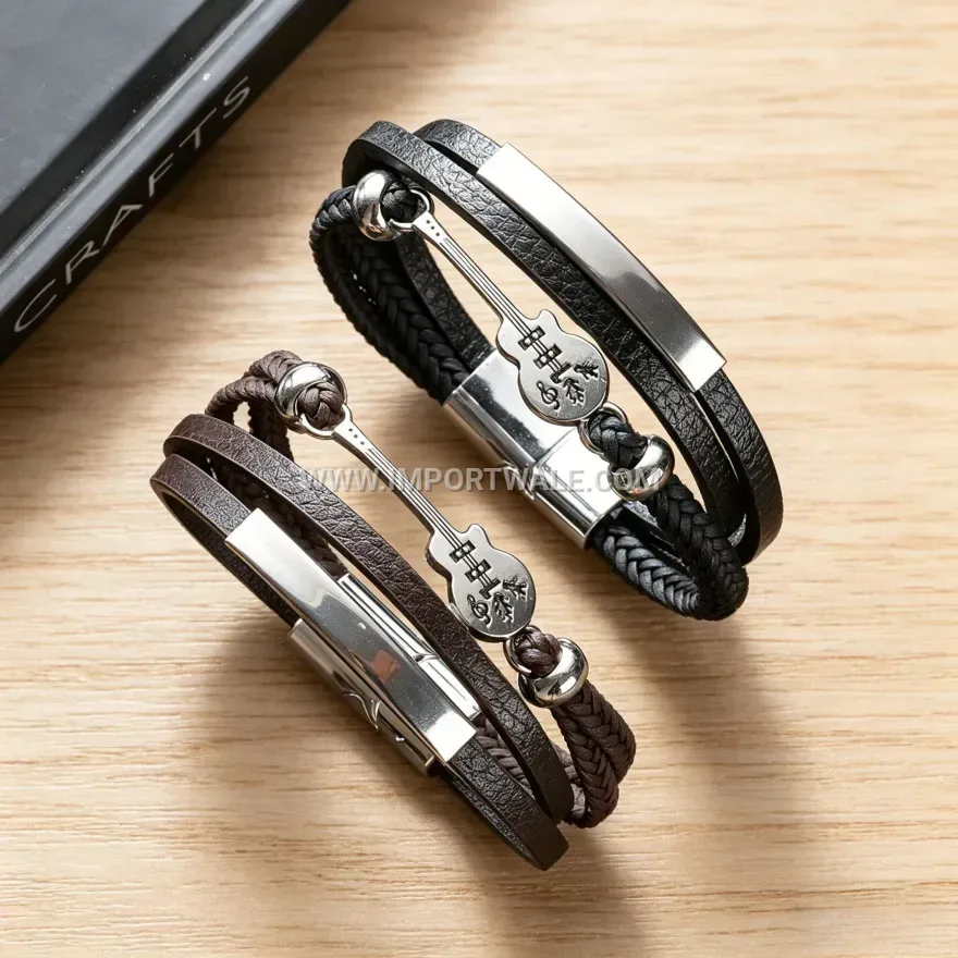Multi-Layer Braided PU Leather Guitar Charm Bracelet