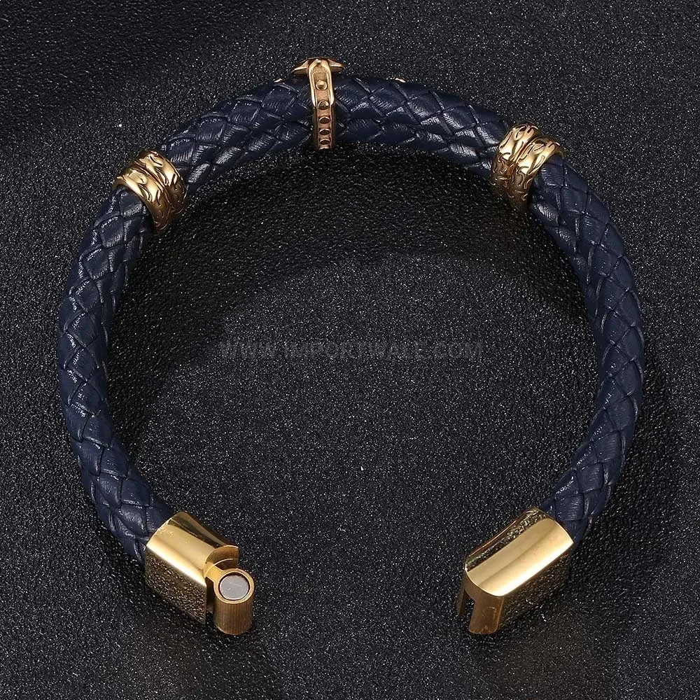 Woven Leather Cross Charm Magnetic Stainless Steel Bracelet