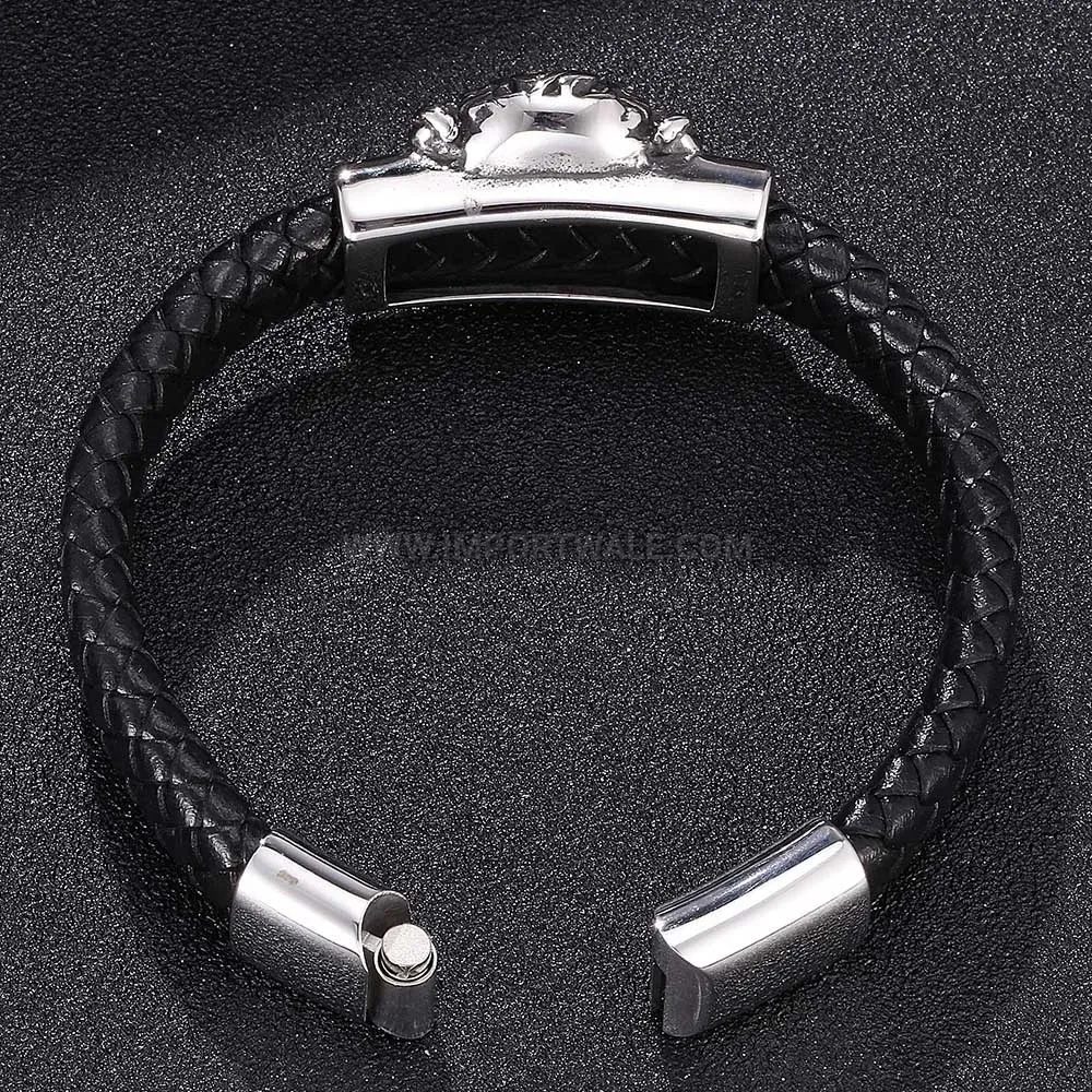 Chic Punk Style Skull Stainless Steel Black Leather Bracelet With Magnetic Clasp