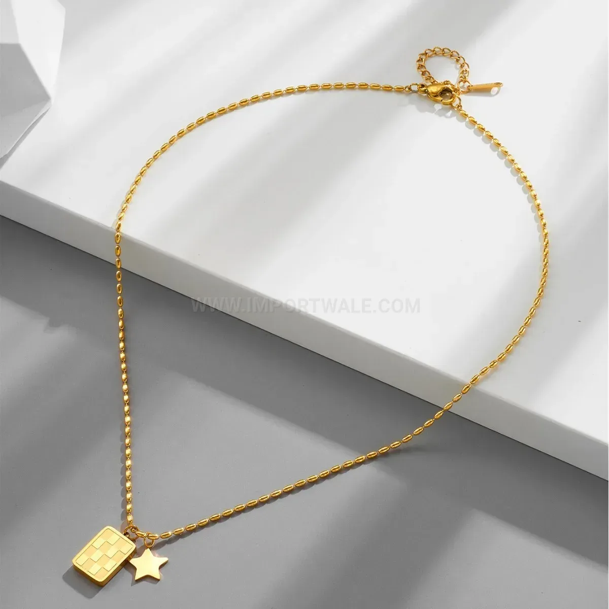 Fashion Gold Plated Titanium Steel Checkerboard Square Pendant Necklace