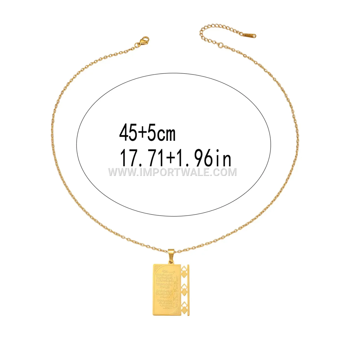 Rectangular Calligraphy Stainless Steel Pendant Necklace Plated in Gold