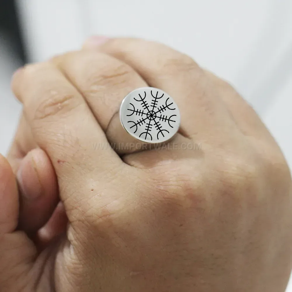 Modern Laser Engraved Symmetrical Rune Motif Vintage Steel Ring