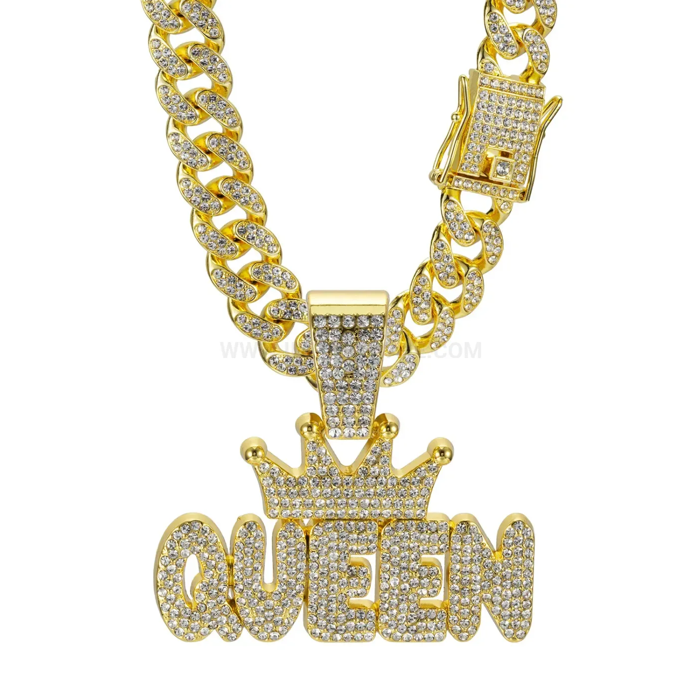 Rhinestone Queen Letter Crown Pendant Cuban Chain Necklace