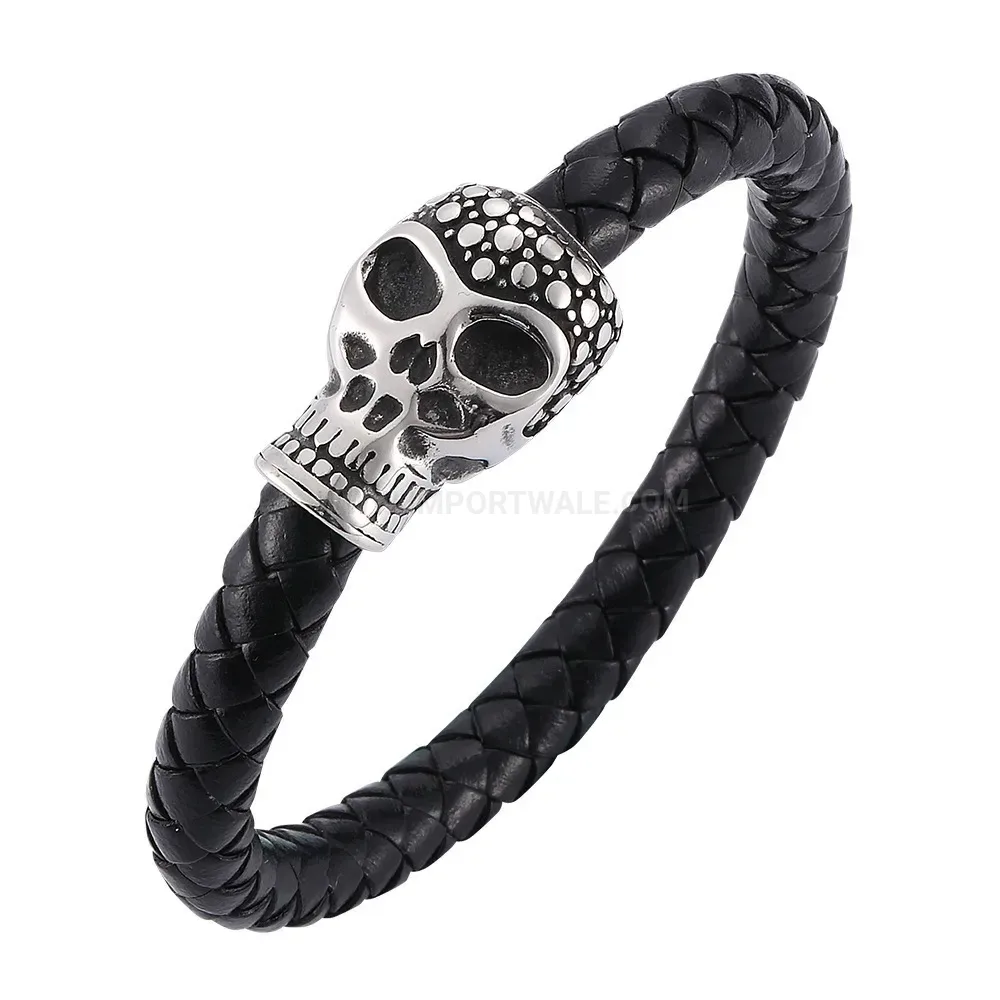Retro Skull Stainless Steel Magnetic Leather Wristband