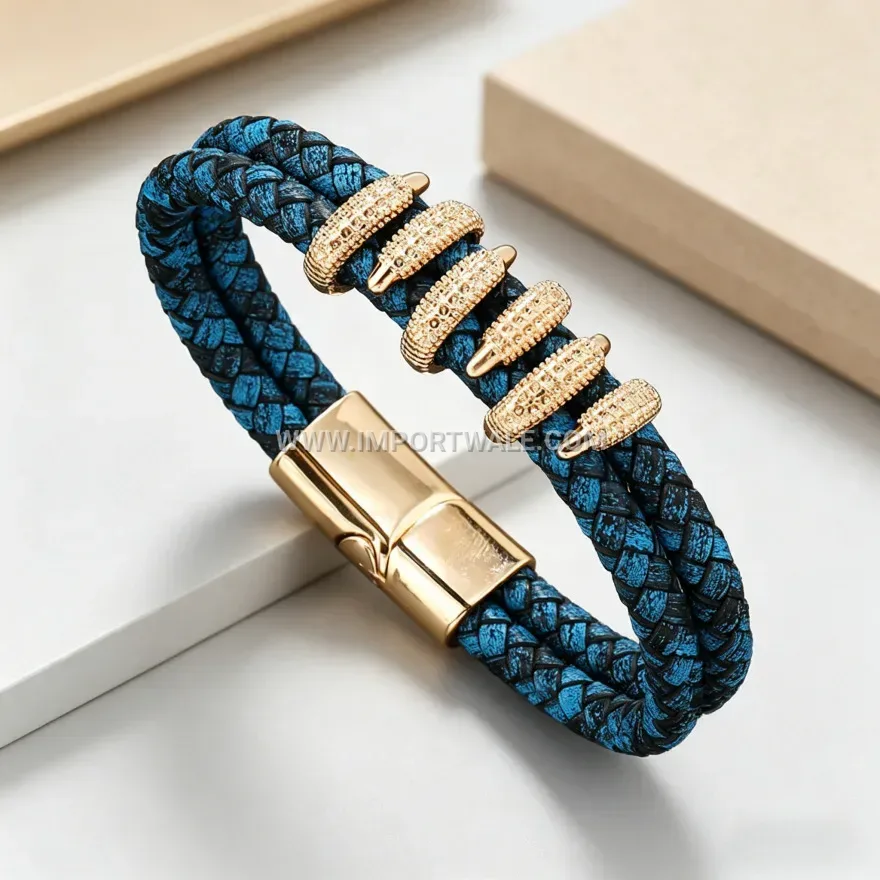 Woven Leather Claw Accent Wristband Bracelet