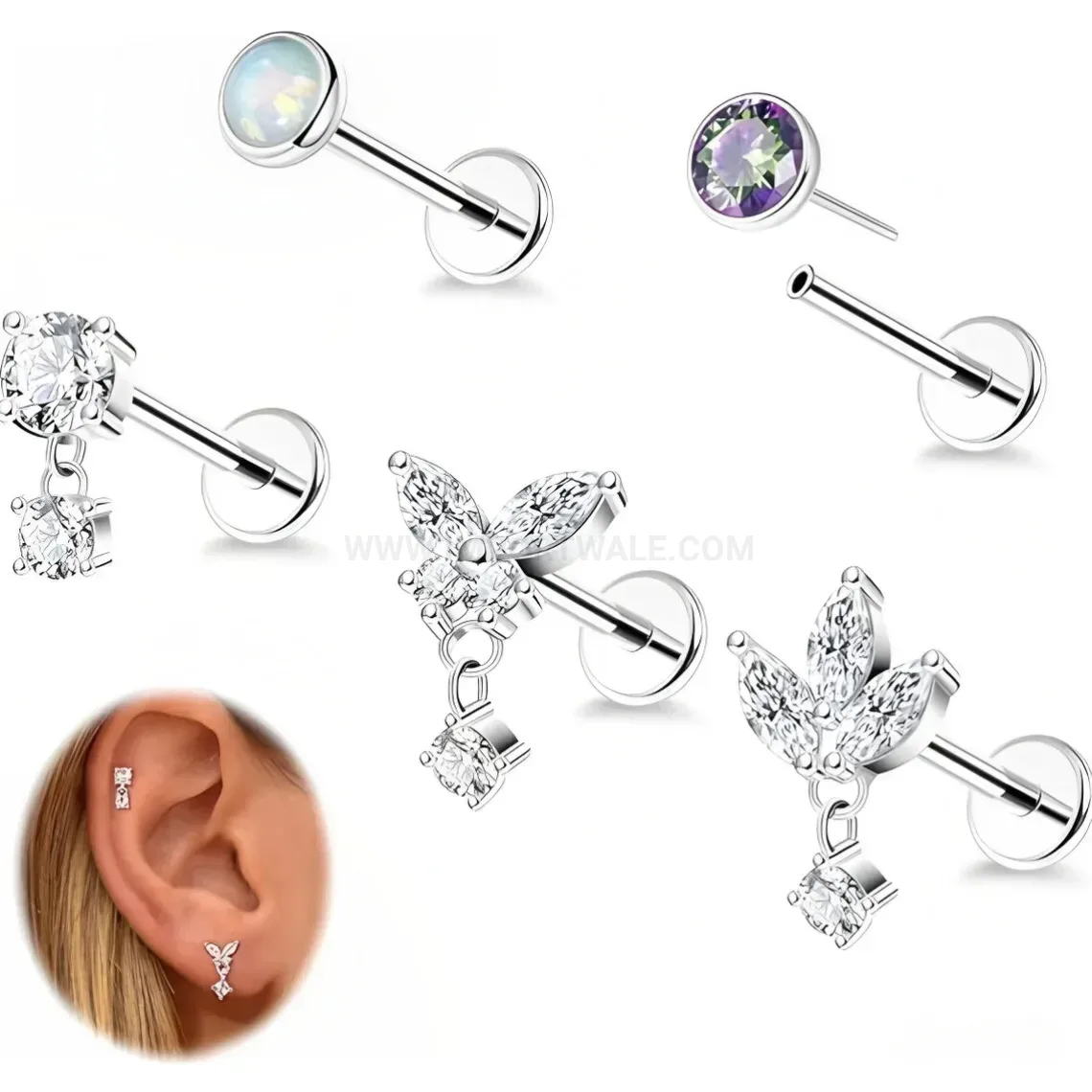 Designer Internally Threaded Stainless Steel Zirconia Dangle Piercing Stud