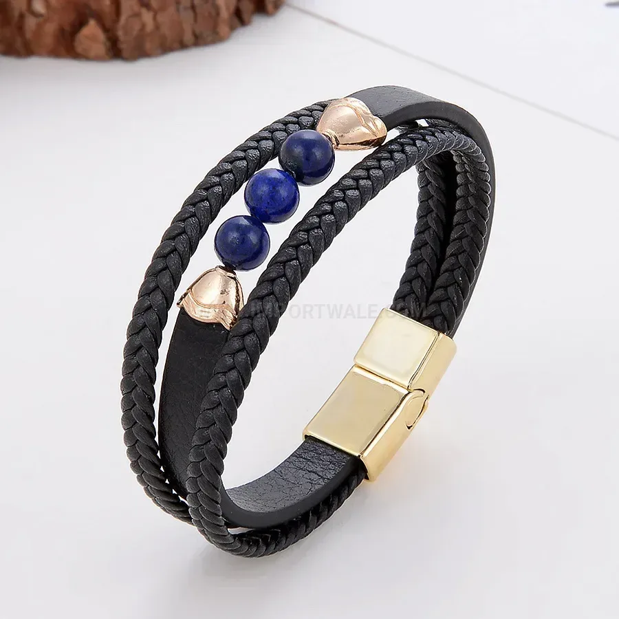 Layered Braided Leather Bracelet with Natural Stone Beads and Alloy Clasp
