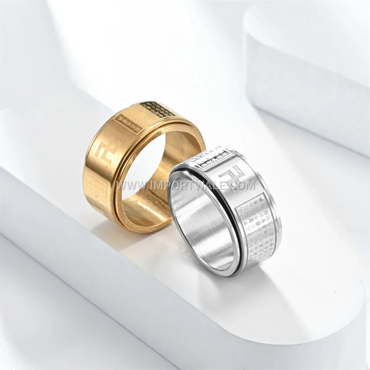 Rotating Stainless Steel Mantra Guardian Zodiac Motif Spinner Ring