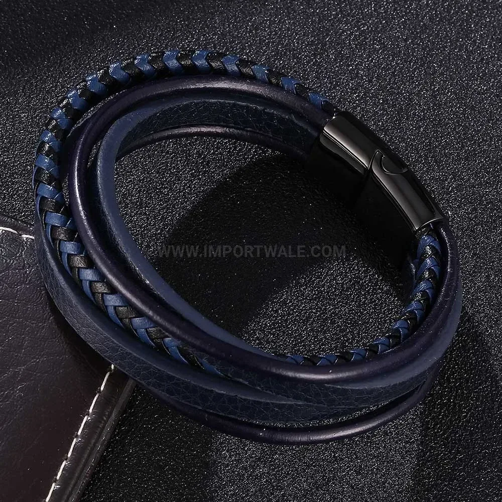 Multi-Strand Woven Leather Wristband with Stainless Steel Clasp