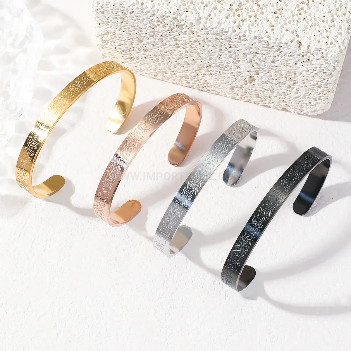 Eight Millimeter Stainless Steel Engraved Calligraphy Cuff Bracelet