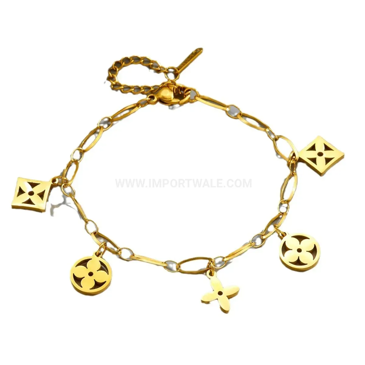 Gold Plated Stainless Steel Four Leaf Clover Tassel Charm Bracelet