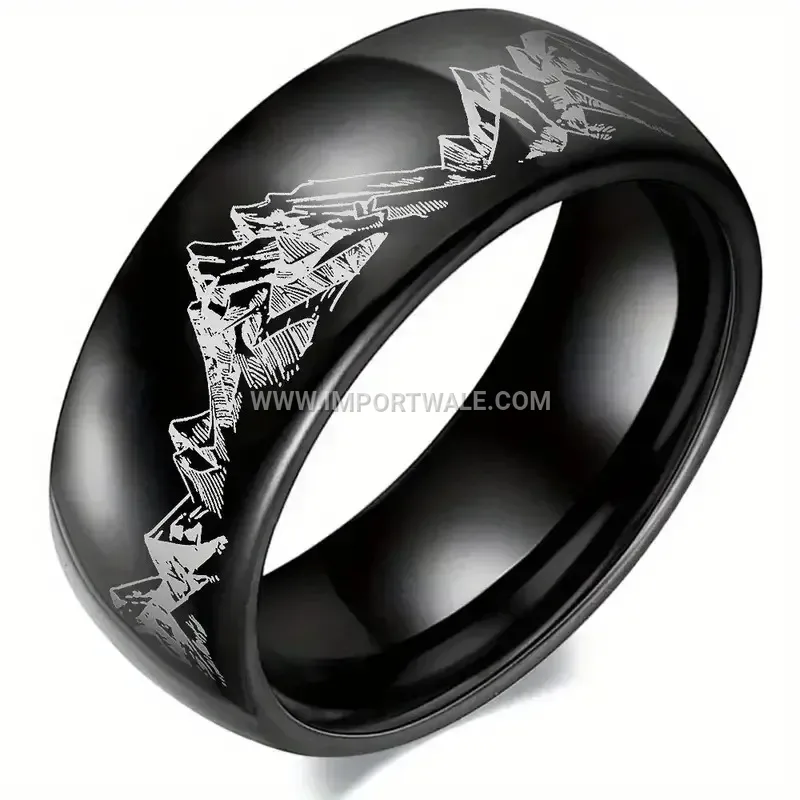 Laser Engraved Mountain Peak Stainless Steel Band Ring