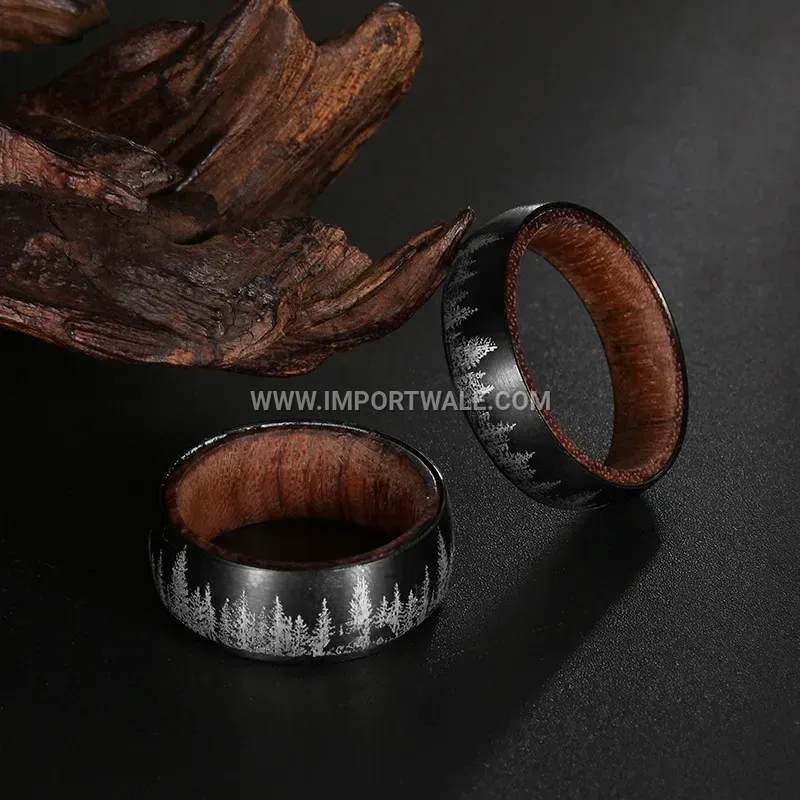 Laser Etched Wolf Stainless Steel Ring With Wood Inlay