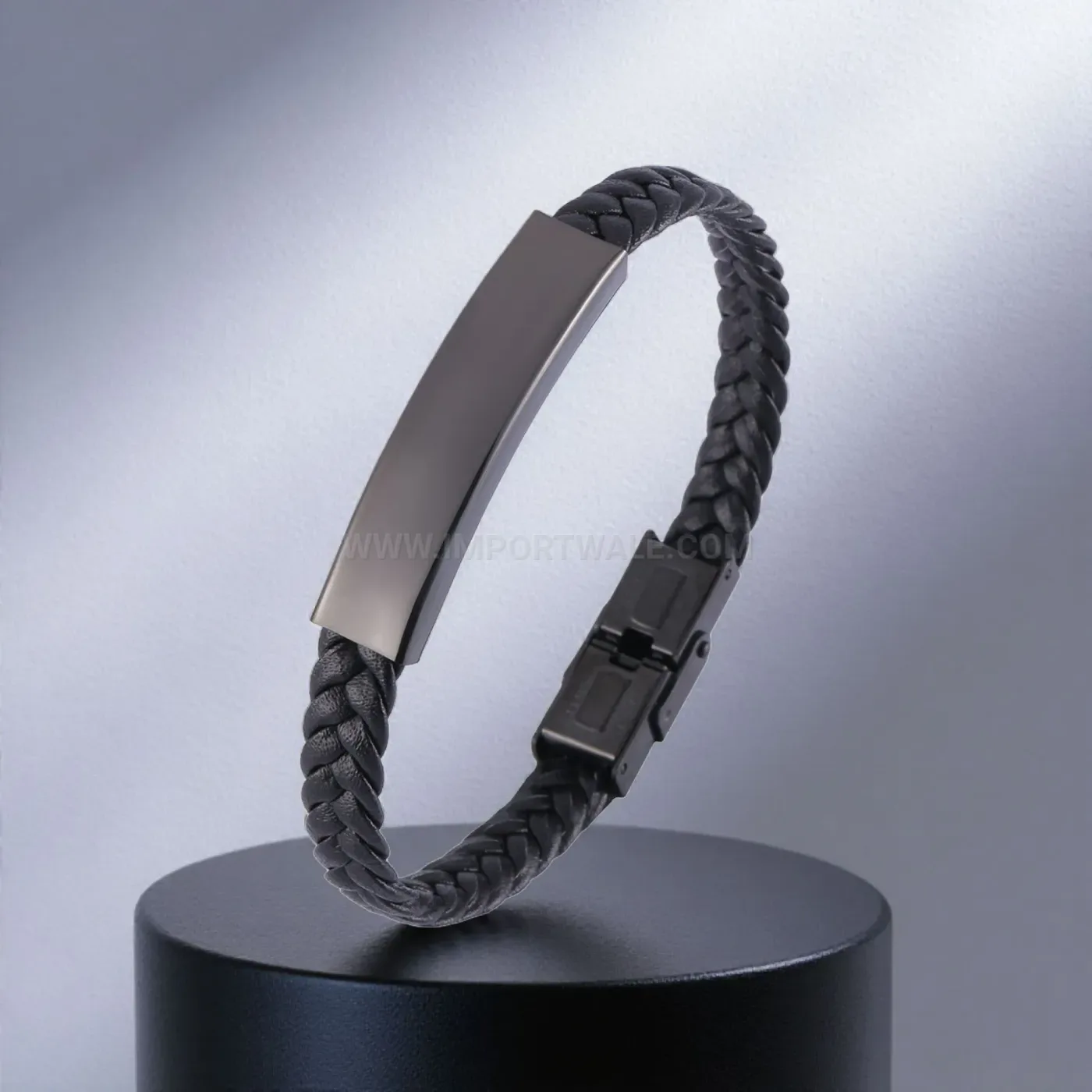 Vintage Black Braided Leather Stainless Steel Men's Bracelet