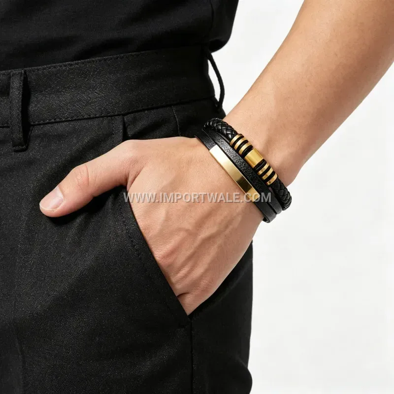 Men Multi Strand Woven Leather Bracelet Smooth Stainless Steel Clasp