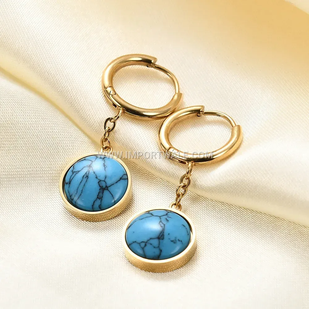 Gold Plated Stainless Steel Huggie Hoop Earrings with Turquoise Pendant