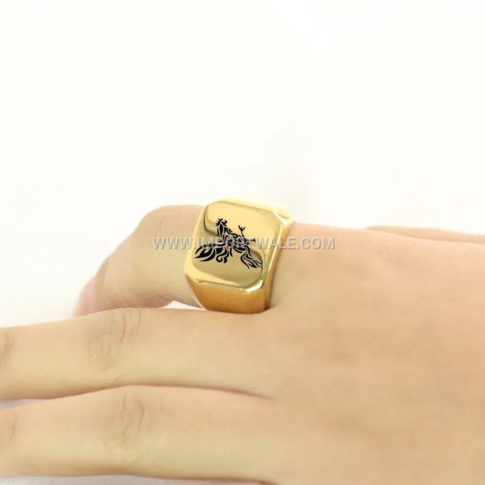 Rooster Motif Laser Engraved Square Stainless Steel Ring
